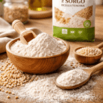 Mąka z sorgo bezglutenowa rozsypana na drewnianym stole w kuchni, w tle rozmyte opakowanie bio mąki i składniki