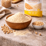 Mąka z ciecierzycy bezglutenowa w misce na stole, wokół rozsypane ziarna ciecierzycy, w tle rozmyte opakowanie produktu