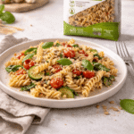 Makaron owsiany bezglutenowy fusilli z warzywami na talerzu w jasnej kuchni, w tle rozmyte opakowanie bio makaronu i świeże składniki