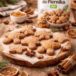 Bezglutenowe pierniczki dekorowane lukrem na drewnianej desce, w tle rozmyte opakowanie przyprawy do piernika i świąteczne dodatki