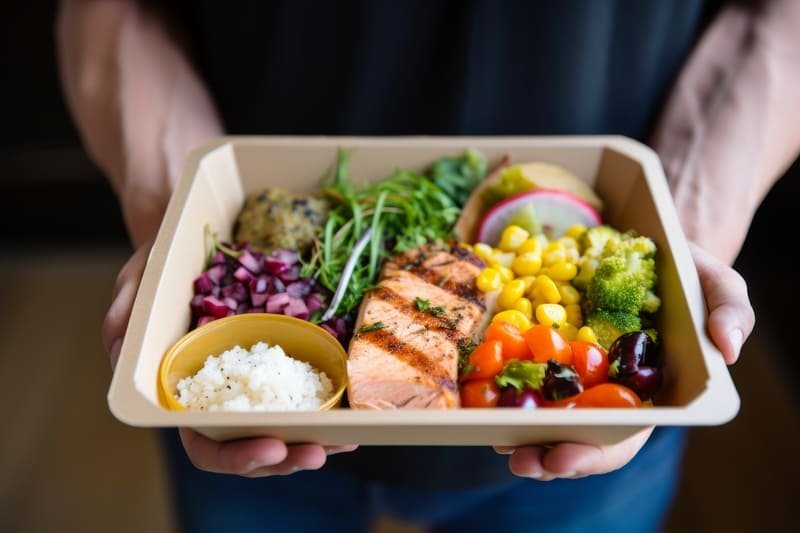Zdrowy posiłek bez glutenu na wynos z łososiem, ryżem i warzywami w pudełku.