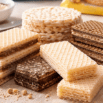 Różne wafle bezglutenowe ułożone na stole – wafle tortowe, ryżowe i z ciecierzycy, w tle rozmyte opakowania produktów