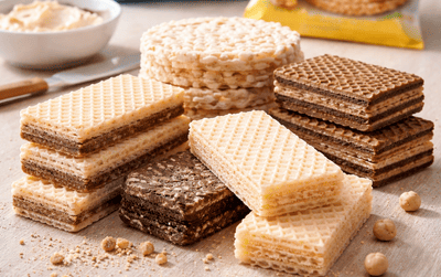 Różne wafle bezglutenowe ułożone na stole – wafle tortowe, ryżowe i z ciecierzycy, w tle rozmyte opakowania produktów