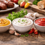 Trzy sosy do grilla – miodowo-musztardowy, czosnkowy i ketchupowo-chili – podane w estetycznych miseczkach na drewnianym stole na zewnątrz, w tle grillowane kiełbasy, pieczywo i warzywa.