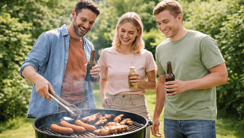 Trzy osoby stojące przy grillu w ogrodzie, grillujące kiełbaski i skrzydełka z kurczaka, uśmiechnięte i trzymające napoje, w słonecznym, domowym otoczeniu.