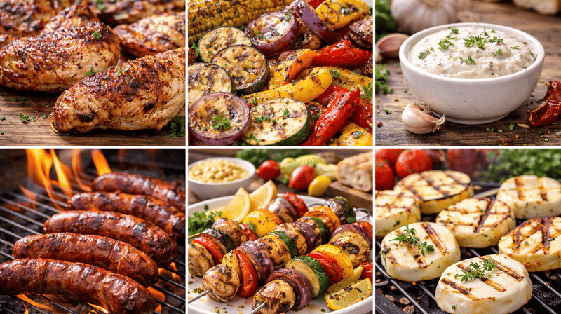 Kolaż sześciu zdjęć z grilla: grillowane skrzydełka z kurczaka, warzywa z grilla, sos w miseczce, kiełbasa na ruszcie, dodatki do grilla oraz grillowane sery, podane w apetycznym stylu.