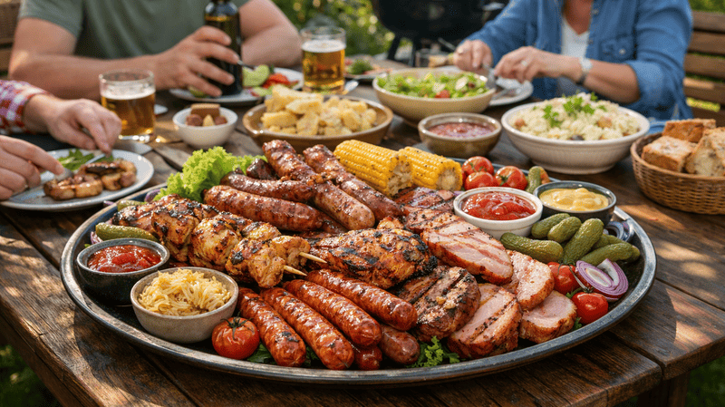 Duży talerz z różnymi grillowanymi wędlinami (kiełbasy, boczek, mięso) i dodatkami, podany na drewnianym stole w ogrodzie, przy którym siedzą ludzie jedzący i pijący napoje, z widocznym grillem w tle.