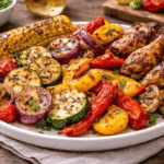 Grillowane warzywa w marynacie (cukinia, papryka, kukurydza, pieczarki i cebula) podane na talerzu, zajmujące większość porcji, obok skrzydełka z kurczaka, w apetycznym ujęciu z oddalenia na drewnianym stole.