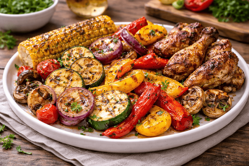 Grillowane warzywa w marynacie (cukinia, papryka, kukurydza, pieczarki i cebula) podane na talerzu, zajmujące większość porcji, obok skrzydełka z kurczaka, w apetycznym ujęciu z oddalenia na drewnianym stole.