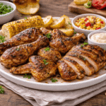 Grillowany kurczak w marynacie (pałki, skrzydełka i pierś) podany na talerzu z pieczonymi ziemniakami, kukurydzą, sałatką i sosem, w domowym, apetycznym ujęciu z oddalenia.