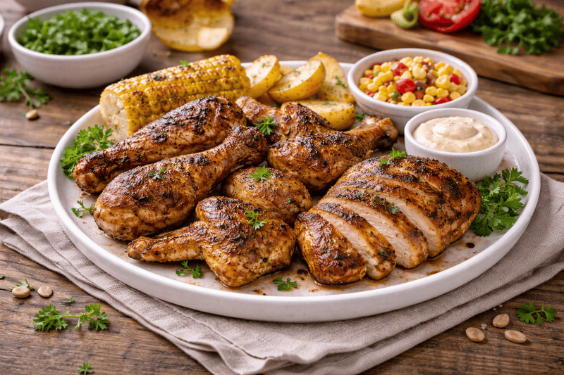 Grillowany kurczak w marynacie (pałki, skrzydełka i pierś) podany na talerzu z pieczonymi ziemniakami, kukurydzą, sałatką i sosem, w domowym, apetycznym ujęciu z oddalenia.