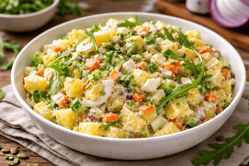 Sałatka ziemniaczana z jajkiem, ogórkiem i marchewką pokrojoną w kostkę, z dodatkiem rukoli, pestek dyni i czerwonej cebuli, podana w misce na drewnianym stole w domowym otoczeniu.
