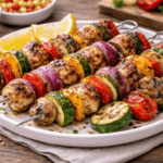 Grillowane szaszłyki z kurczaka i warzyw (cukinia, papryka, czerwona cebula, pieczarki) podane na talerzu, z widocznymi śladami grillowania, w apetycznym ujęciu na drewnianym stole.