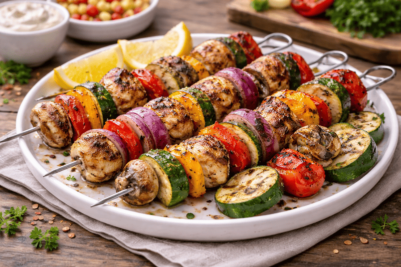 Grillowane szaszłyki z kurczaka i warzyw (cukinia, papryka, czerwona cebula, pieczarki) podane na talerzu, z widocznymi śladami grillowania, w apetycznym ujęciu na drewnianym stole.