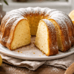 Bezglutenowa babka piaskowa z mąki ziemniaczanej oprószona cukrem pudrem, przekrojona na kawałki, podana na talerzu w domowym otoczeniu z cytryną w tle