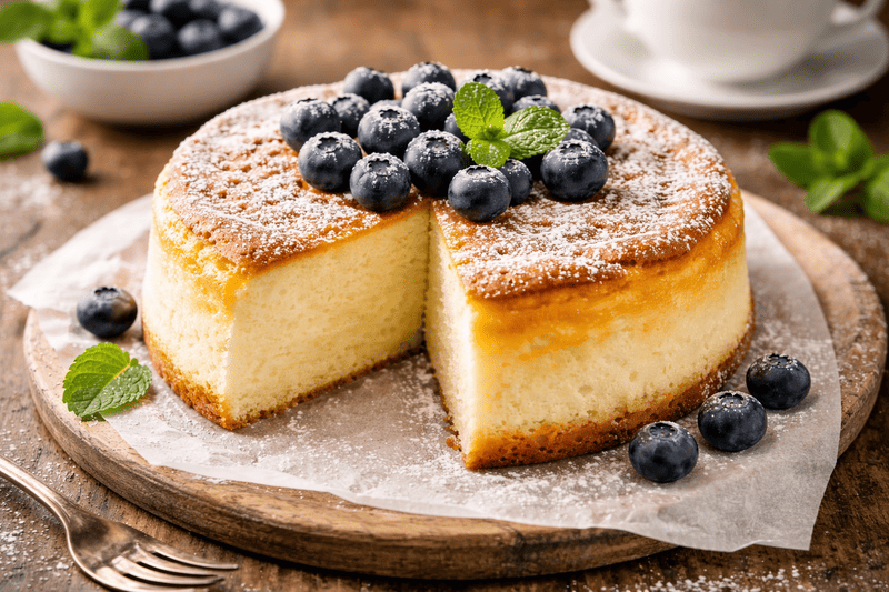 Chmurkowe ciasto bez mąki, puszyste i delikatne jak pianka, posypane cukrem pudrem i borówkami, podane na talerzu w domowym otoczeniu