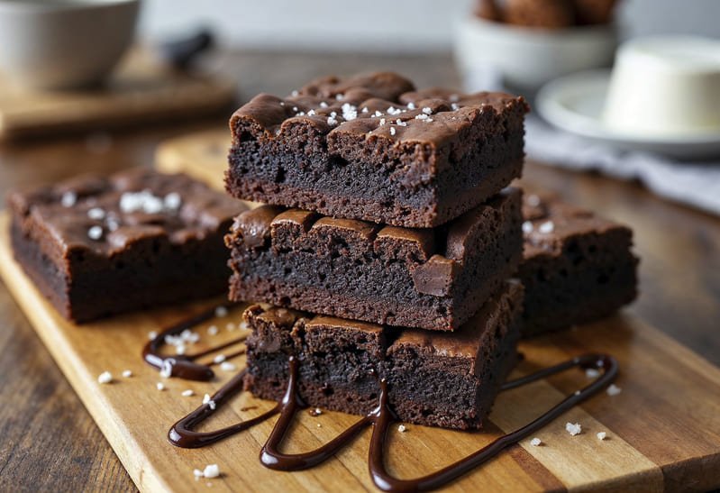 Fit brownie bez mąki, wilgotne i czekoladowe, pokrojone na kawałki i ułożone na drewnianej desce, polane czekoladą i posypane solą, w domowym otoczeniu