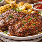Grillowana karkówka w aromatycznej marynacie, podana na talerzu z pieczonymi ziemniakami, kolbą kukurydzy, surówką i sosem, w domowym, apetycznym stylu.