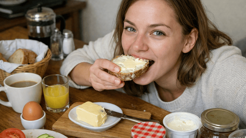 Kobieta siedzi przy stole śniadaniowym i je kromkę chleba z masłem. Na stole wokół niej znajdują się typowe produkty śniadaniowe: kawa, sok pomarańczowy, jajko, ogórek, pomidor, wędlina, dżem, twarożek i kostka masła. Zdjęcie ma naturalny, realistyczny charakter, jak wykonane telefonem.