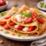 Naleśniki bez mąki i mleka, cienkie i delikatne, podane z truskawkami, kremowym jogurtem i orzechami, ułożone na talerzu w domowym otoczeniu, zdjęcie z oddalenia