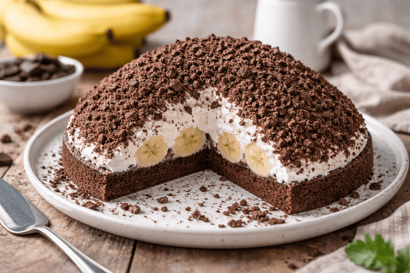 Bezglutenowy kopiec kreta na talerzu – czekoladowe ciasto z bananami, kremem śmietankowym i pokruszonym biszkoptem w domowym otoczeniu