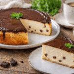 Sernik bez mąki z polewą z ciemnej czekolady, wilgotny i puszysty, z kawałkiem na talerzu, podany w rustykalnym domowym stylu