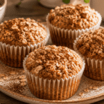 Wilgotne muffinki owsiane z bananami bez mąki, podane na talerzu w naturalnym świetle, zdrowe śniadanie bez glutenu.
