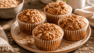 Wilgotne muffinki owsiane z bananami bez mąki, podane na talerzu w naturalnym świetle, zdrowe śniadanie bez glutenu.