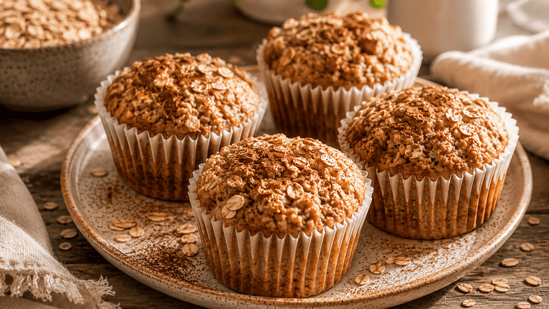 Wilgotne muffinki owsiane z bananami bez mąki, podane na talerzu w naturalnym świetle, zdrowe śniadanie bez glutenu.