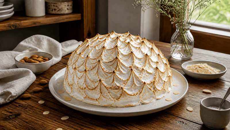 Omlet norweski bez glutenu baked alaska, deser lodowy z bezą na migdałowym spodzie, lód spotyka się z ogniem