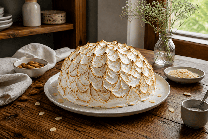 Omlet norweski bez glutenu baked alaska, deser lodowy z bezą na migdałowym spodzie, lód spotyka się z ogniem