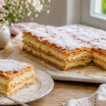 Domowa napoleonka bezglutenowa z ciasta francuskiego i kremu mascarpone, podana z kawą w eleganckim domowym otoczeniu.