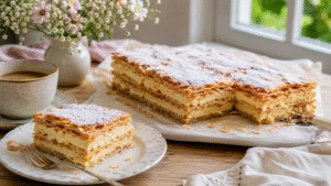 Domowa napoleonka bezglutenowa z ciasta francuskiego i kremu mascarpone, podana z kawą w eleganckim domowym otoczeniu.