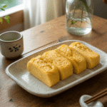 Plastry domowego tamagoyaki o nieregularnej strukturze, podane na ceramicznym talerzu na drewnianym stole w naturalnym świetle dziennym, z rośliną i filiżanką w tle