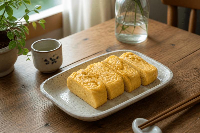 Plastry domowego tamagoyaki o nieregularnej strukturze, podane na ceramicznym talerzu na drewnianym stole w naturalnym świetle dziennym, z rośliną i filiżanką w tle