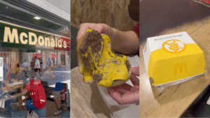 Bezglutenowy burger w McDonald's – restauracja, burger na bezglutenowej bułce i opakowanie Gluten Free Burger