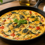 Domowa frittata bez glutenu przygotowana z warzywami i mozzarellą