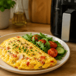 Bezglutenowy omlet z air fryera podany na talerzu z dodatkami