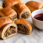 Domowe paszteciki bezglutenowe z kapustą i grzybami podane z czerwonym barszczem.