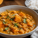 Wegetariańskie curry z dynią i ciecierzycą podane z ryżem