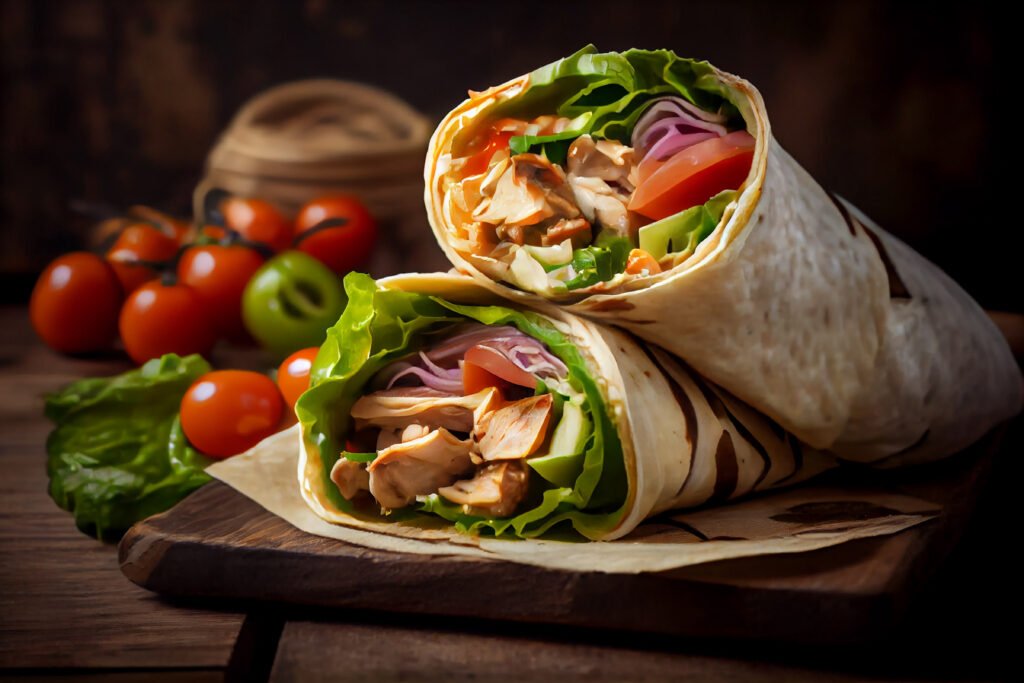 bezglutenowa tortilla grafika przedstawia bezglutenowe tortille przekrojoną na pół z różnymi dodatkami, położoną na desce, w tle widać pomidorki koktajlowe