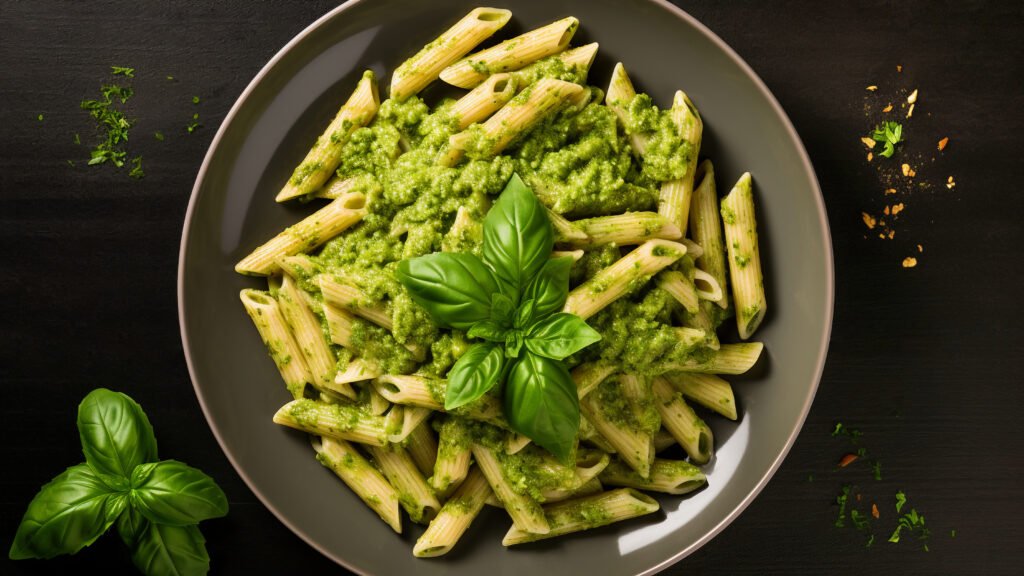zdjęcie makaronu kukurydzianego "pióra" z dodatkiem zielonego pesto i udekorowany pęczkiem bazylii w ciemnej misce na czarnym tle