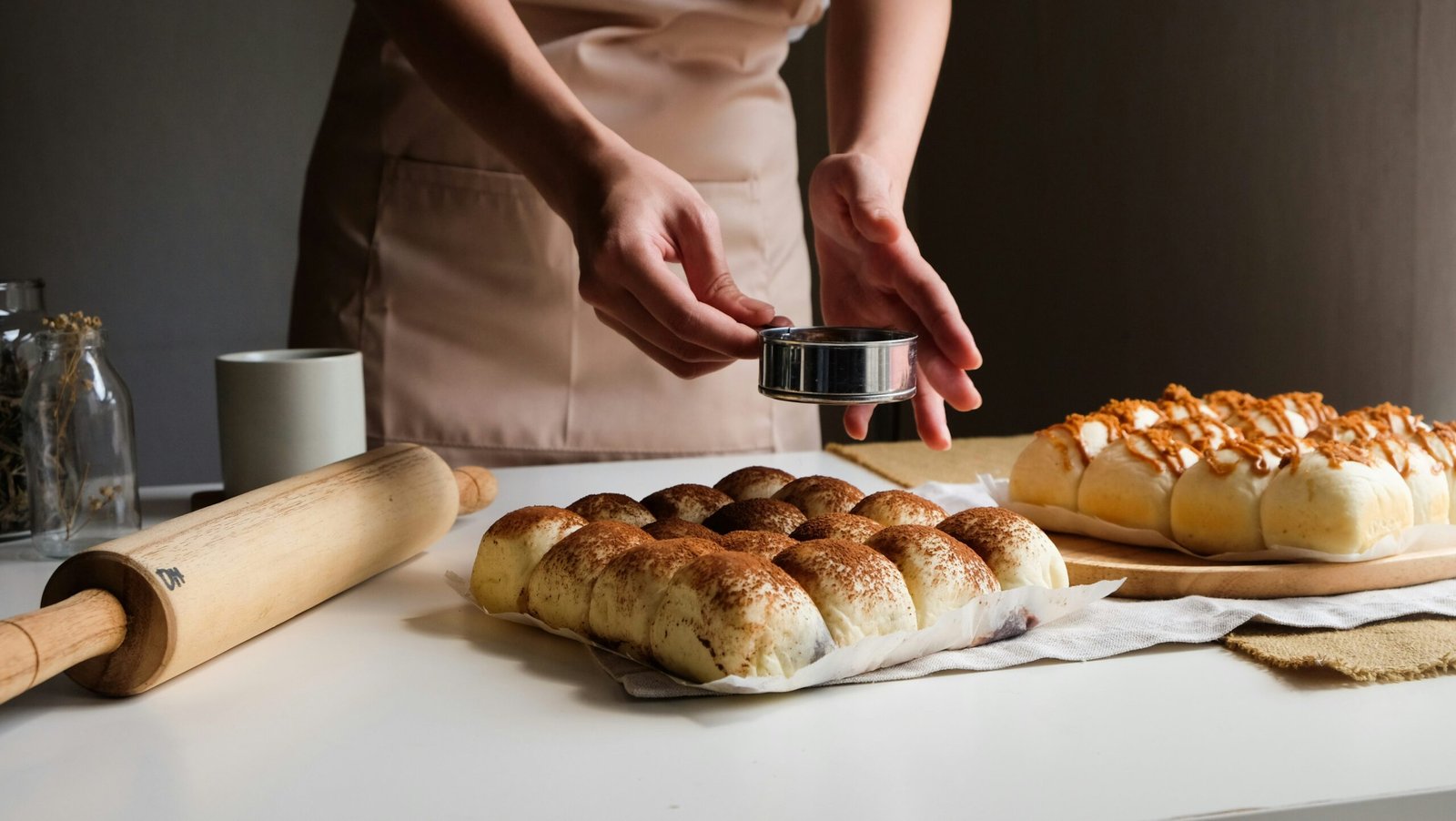 zdjęcie rąk kobiety, która przesiewa kakao na bułeczki bezglutenowe w swojej kuchni na stole