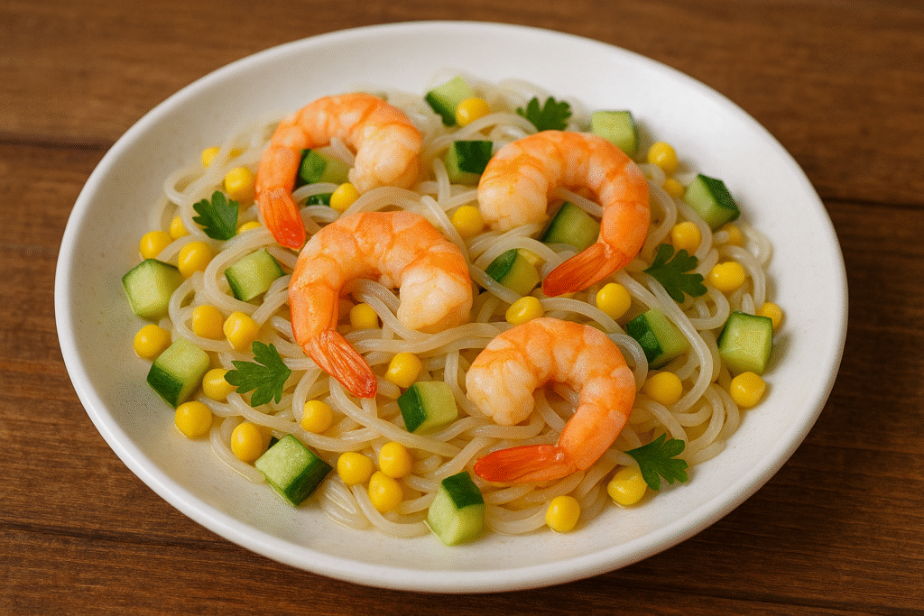 salatka z makaronem ryżowym zdjęcie sałatki z makaronem ryżowym bez glutenu z dodatkiem pokrojonego w kostkę ogórka, kukurydzy konserwowej oraz czterech krewetek