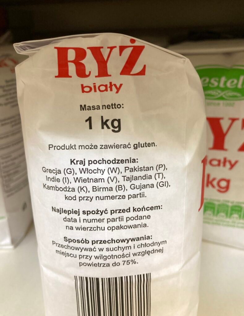 zdjęcie opakowania ryżu białego z oznaczeniem, że może zawierać gluten