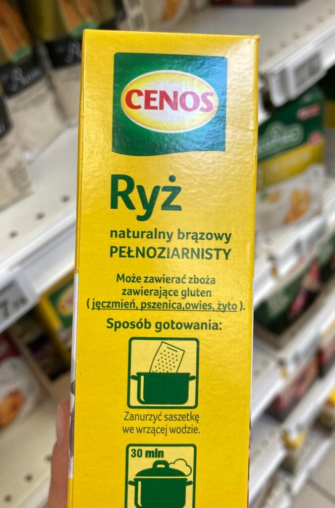 zdjęcie opakowania ryżu brązowego z oznaczeniem, że może zawierać gluten