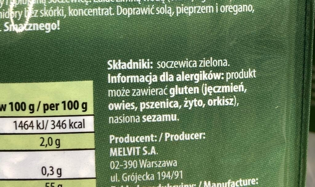 przybliżone zdjęcie opakowania soczewicy zanieczyszczonej glutenem