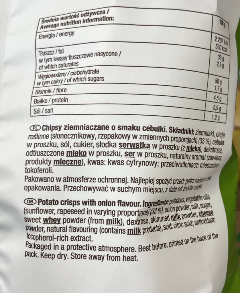 zdjęcie składu chipsów ziemniaczanych o smaku cebulki