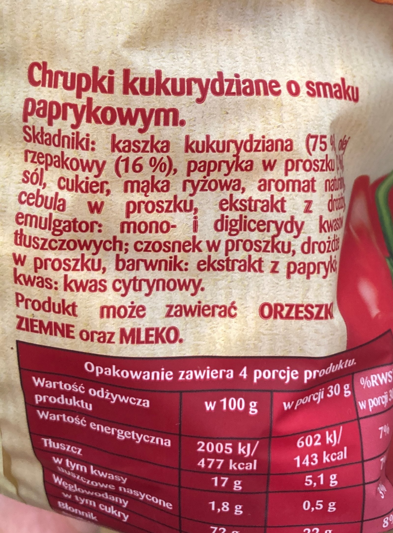zdjęcie składu chipsów kukurydzianych o smaku papryki