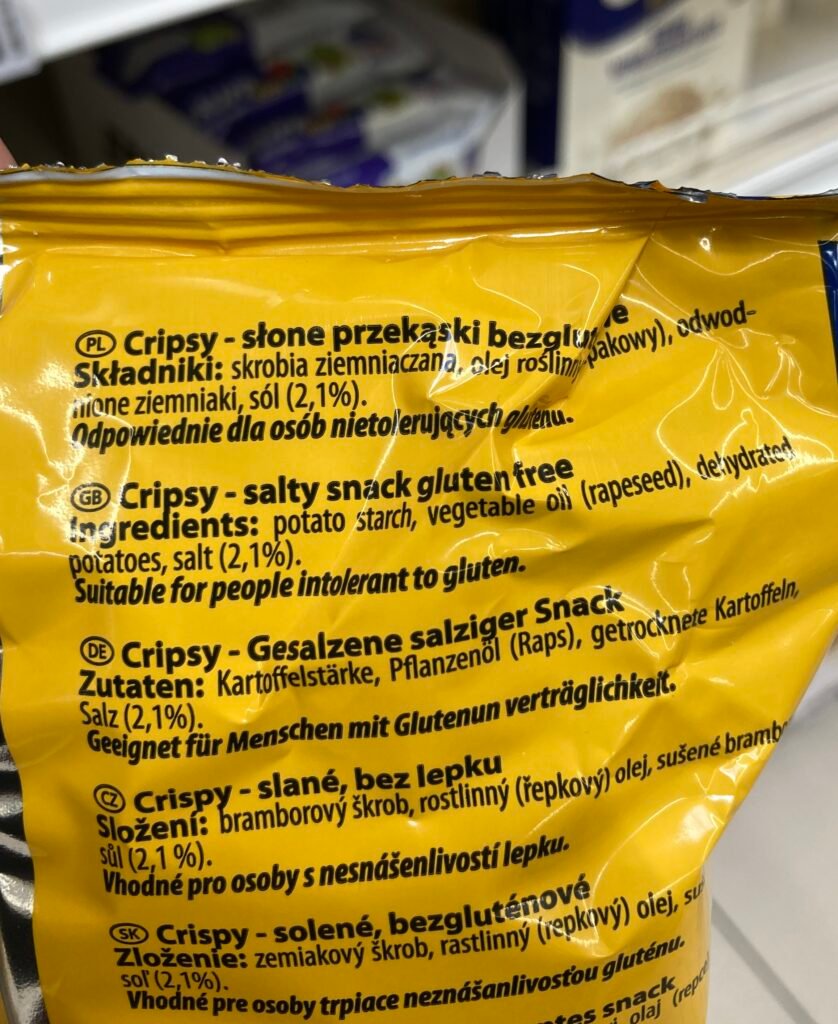 zdjęcie składu chipsów bez glutenu z tyłu opakowania